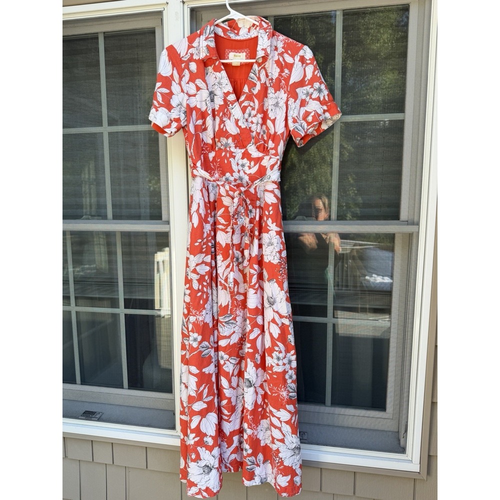 Anthropologie Maeve Janae Maxi Shirt Dress Sz 8 Linen Blend Orange